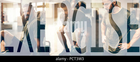 Collage d'un jeune homme dans les vêtements de sport à la salle de sport avec un fond de l'exercice de texte Banque D'Images