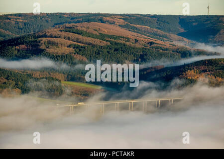 Pont de la vallée Wennemen dans le brouillard, l'autoroute A46, Meschede, Rhénanie-Palatinat, Hesse, Allemagne Banque D'Images