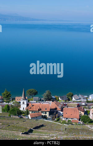 Terrasses sur le lac de Genève et le village viticole de Villette, Bourg-en-Lavaux en Lavaux, près de Lausanne, canton de Vaud, Suisse Romande, Suisse Banque D'Images