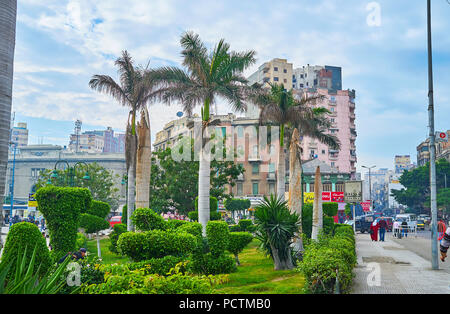 Alexandrie, Egypte - le 18 décembre 2017 : Le bruyant et poussiéreux El-Shohada Square dispose de tout petit jardin verdoyant avec des palmiers et arbustes taillés, sur Décembre Banque D'Images