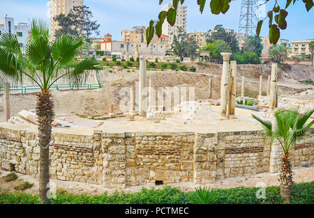 Les ruines de l'amphithéâtre romain vu à travers la verdure de parc, Ad Dikka Kom site archéologique, Alexandrie, Egypte. Banque D'Images