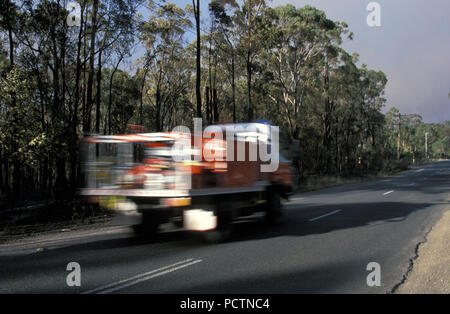 Un camion de pompiers FONCE VERS LA BROUSSE, 2001 SYDNEY, AUSTRALIE Banque D'Images