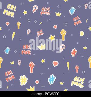 Girl power autocollants motif sans carte. Arrière-plan avec des éléments simples. Vector illustration. Illustration de Vecteur