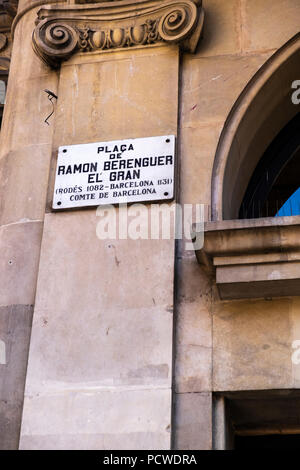 Plaque de rue à la place de Ramon Berenguer el Gran, Plaza, carré à Barcelone, Espagne Banque D'Images