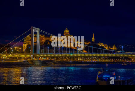 Vue de nuit de Budapest le Danube,avec pont Elisabeth et le Château Royal Banque D'Images