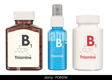 La vitamine B1, la thiamine. Bouteilles médicales avec des comprimés et bouteille de jet, rendu 3D isolé sur fond blanc Banque D'Images