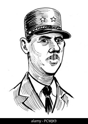 Charles de Gaulle. Le président français. Illustration noir et blanc Encre Banque D'Images