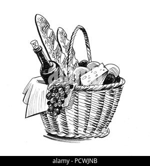 Panier alimentaire. Illustration noir et blanc Encre Banque D'Images