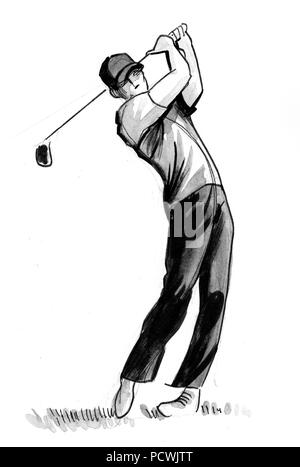 Man playing golf. Illustration noir et blanc Encre Banque D'Images