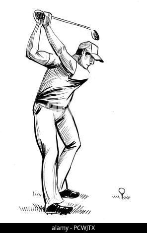 Man playing golf. Illustration noir et blanc Encre Banque D'Images