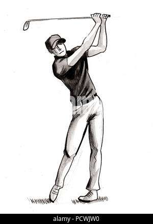 Man playing golf. Illustration noir et blanc Encre Banque D'Images