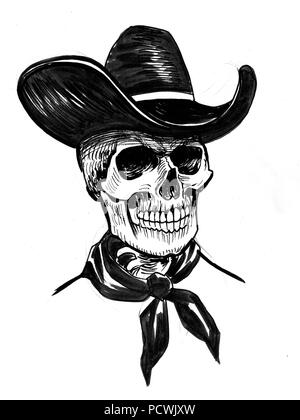 Dead cowboy dans hat. Dessin noir et blanc Encre Banque D'Images