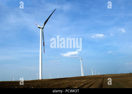 L'éolienne est un dispositif qui convertit l'énergie cinétique du vent en électricité, dans les champs à Alibunar, le Banat, en Serbie. Banque D'Images