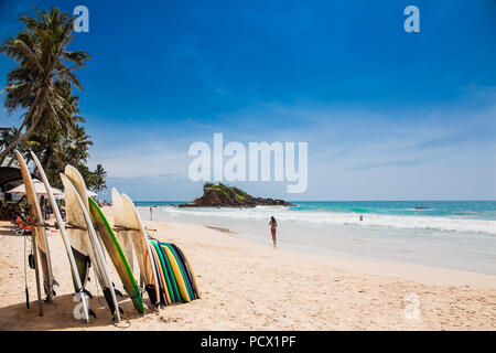 La plage de Mirissa, Sri Lanka - JAN 2, 2017 : Planches de surf sur la plage de sable magnifique à Mirissa le Jan 2, 2017. Le Sri Lanka. Banque D'Images