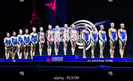 Glasgow, Royaume-Uni, le 4 août 2018. Fédération de l'équipe (première place), Team France (deuxième place) et l'équipe Pays-bas (troisième place) chez Winners présentation en gymnastique artistique féminine durant la finale de l'Équipe European Championships 2018 Glasgow à l'Hydro SSE le Samedi, 04 août 2018. GLASGOW ECOSSE . Credit : Crédit : Wu G Taka Taka Wu/Alamy Live News Banque D'Images