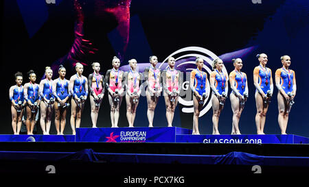 Glasgow, Royaume-Uni, le 4 août 2018. Fédération de l'équipe (première place), Team France (deuxième place) et l'équipe Pays-bas (troisième place) chez Winners présentation en gymnastique artistique féminine durant la finale de l'Équipe European Championships 2018 Glasgow à l'Hydro SSE le Samedi, 04 août 2018. GLASGOW ECOSSE . Credit : Crédit : Wu G Taka Taka Wu/Alamy Live News Banque D'Images