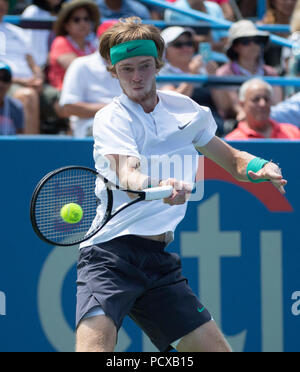 4 août 2018 : Denis Kudla (USA) perd d'Andreï Roublev (RUS) 6-1, 6-4, à l'CitiOpen joué à Rock Creek Park Tennis Center à Washington, DC, . © Leslie Billman/Tennisclix/CSM Banque D'Images