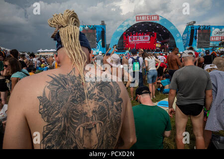 Moscou, Russie. Août 4th, 2018. Les fans de musique russe réagir lors d'un concert de rock en plein air au festival "Nashestvie" (Invasion) dans le village de Nizhneye Zavidovo, environ 150kms de Moscou, région de Tver, Russie Crédit : Nikolay Vinokourov/Alamy Live News Banque D'Images