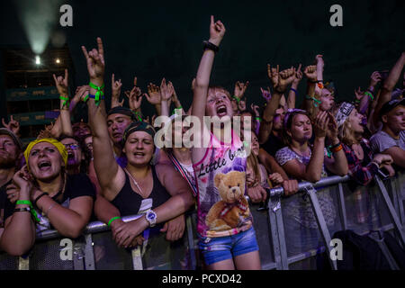 Moscou, Russie. 3rd, 2018 Août. Les fans de musique russe réagir lors d'un concert de rock en plein air au festival "Nashestvie" (Invasion) dans le village de Nizhneye Zavidovo, environ 150kms de Moscou, région de Tver, Russie Banque D'Images