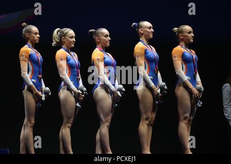Glasgow, Royaume-Uni. Le 04 août, 2018. Naomi Visser, Céline Van Gerner, Vera Van Pol, Tisha Volleman, Sanne Wevers (Pays-Bas) Médaille de Bronze avec l'équipe compétition durant les championnats européens 2018 Glasgow, gymnastique artistique féminine , équipe finale au SSE Hydro dans Glasgow, Grande-Bretagne, Jour 3, le 4 août 2018 - Photo Laurent Lairys / DPPI Crédit : Laurent Locevaphotos Lairys/agence/Alamy Live News Banque D'Images
