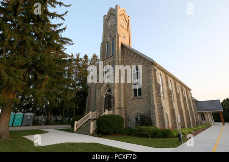 L'Ontario, Canada. 4 août 2018. Personne ne peut vous dire quand la dernière fois dimanche service a été annulé à Melville United Church de Lobo. En raison de l'épreuve cycliste à jeux d'été de l'Ontario 2018 la messe a été annulé le dimanche 5 août 2018, la ligne d'arrivée est juste en face de l'église sur Nairn Road. L'église est aussi utilisé comme un emplacement pour nourrir les athlètes et les bénévoles des jeux. "L'assemblée a voté à l'unanimité de fermer l'église pour la journée. C'est ce qu'a décidé d'appuyer les Jeux d'été de l'Ontario, nos jeunes athlètes, et parce que nous avons vu cela comme une occasion pour la sensibilisation communautaire, O Banque D'Images