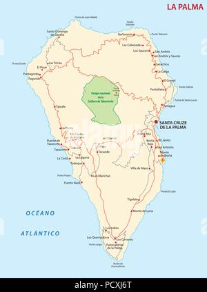 Vector carte routière de l'île des Canaries La Palma. Illustration de Vecteur