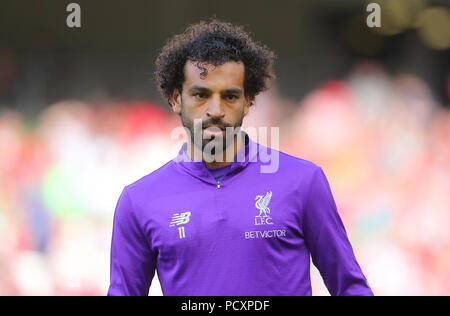 Le centre de Liverpool, Mohamed Salah se réchauffe avant le match amical de pré-saison à l'Aviva Stadium de Dublin. Banque D'Images