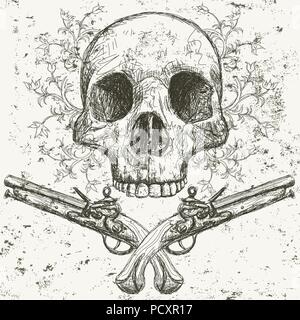 Crâne et fragmentaires, pistolets à la main vue avant du crâne humain avec des pistolets en dessous et volutes florales derrière elle . Illustration de Vecteur