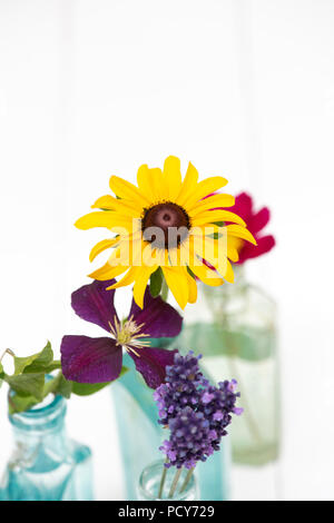 Fleurs cueillies dans des bouteilles en verre vintage sur fond blanc Banque D'Images