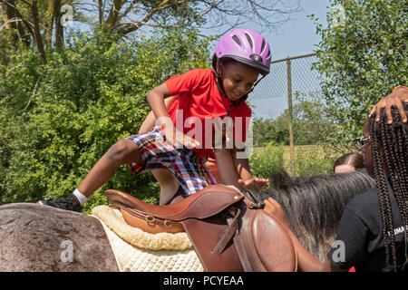 Detroit, Michigan - Les enfants ont eu la chance de rouler et d'apprendre sur les chevaux à un parc de la ville. L'événement a été organisé par Detroit, une puissance organizati Banque D'Images