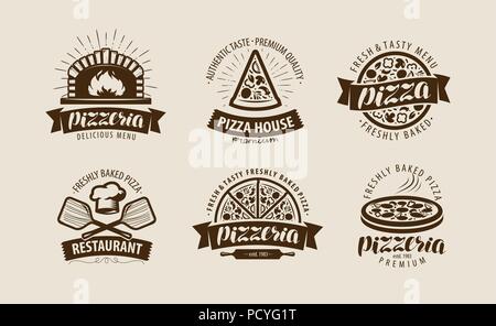 Pizza, pizzeria logo ou label. Jeu de symboles de la nourriture. Vector illustration Illustration de Vecteur