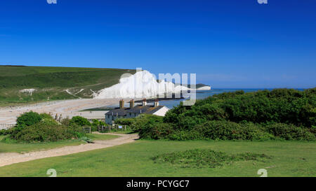 L'emblématique des falaises de craie blanche à sept Sœurs, où les South Downs cessent à la côte de la Manche, par une belle journée ensoleillée Banque D'Images