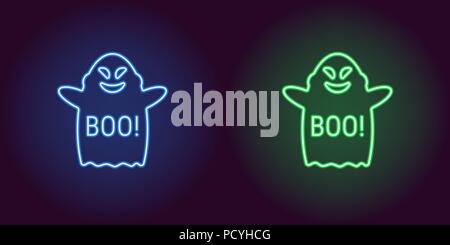 Planeur ghost néon en bleu et vert. Vector illustration de l'esprit expression Boo pour Halloween de néon lumineux dans le style. Graphique lumineux Illustration de Vecteur