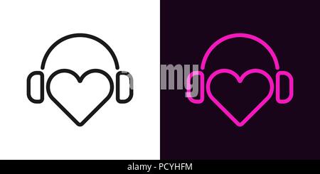 Coeur avec des écouteurs dans les grandes lignes le style. Illustration Vecteur de DJ icône de cœur avec un casque en noir et couleur violette. L'élément graphique isolé pour le d Illustration de Vecteur