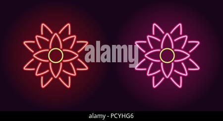 Neon lotus avec rétro-éclairage en rouge et rose. Vector illustration de fleur de lotus dans l'icône style néon lumineux. L'élément graphique éclairé pour la décoration Illustration de Vecteur