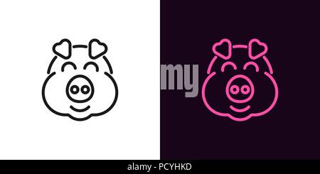 Porcelet de face avec sourire et en décrire le style. L'icône d'illustration vectorielle de tête de cochon dessin animé avec smile en noir et rose. Pour l'élément graphique isolé Illustration de Vecteur