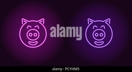 Porcelet néon face de pourpre et de couleur violette. Cartoon Vector illustration de tête de porc avec sourire dans glowing neon style. L'élément graphique éclairé pour Illustration de Vecteur