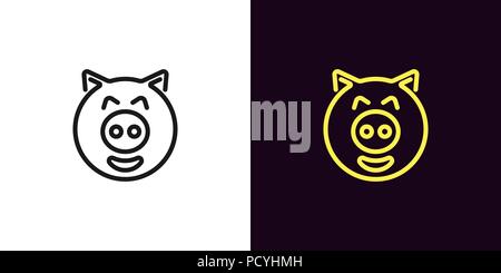 Porcelet de face avec sourire et en décrire le style. L'icône d'illustration vectorielle de tête de cochon dessin animé avec smile en noir et jaune. L'élément graphique isolé f Illustration de Vecteur