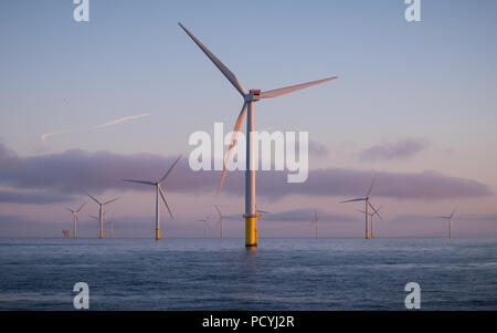 Éoliennes Offshore Éolien Walney sur à l'aube de la mer d'Irlande, Royaume-Uni Banque D'Images