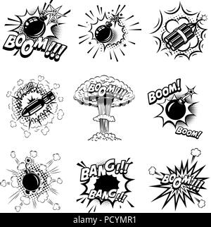 Ensemble de style bande dessinée de bombes, grenades, dynamite. L'élément de conception pour poster, carte, emblème, print, flyer, bannière. Vector illustration Illustration de Vecteur