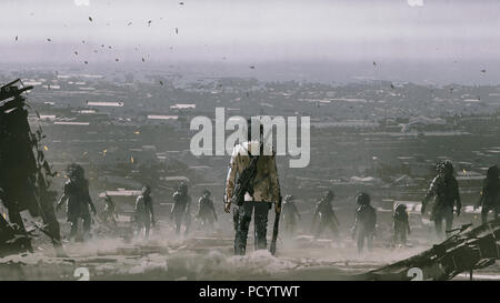 L'homme avec des armes face à une foule de zombies contre monde post apocalypse, art numérique, peinture style illustration Banque D'Images