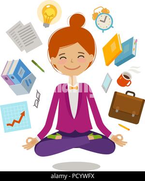 Businesswoman sitting in lotus pose. Concept d'affaires, le multitâche. Cartoon vector illustration Illustration de Vecteur