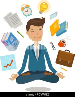 Businessman sitting in lotus pose. Bureau d'affaires, concept. Cartoon vector illustration Illustration de Vecteur