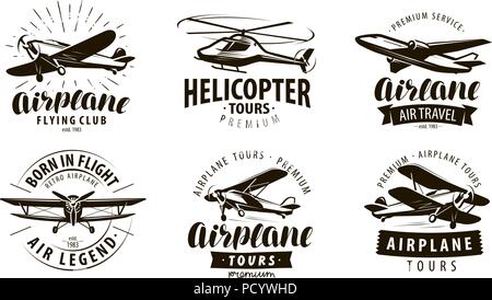 Avion, hélicoptère, avion logo ou une icône. Jeu d'étiquettes de transport. Vector illustration Illustration de Vecteur