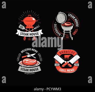 Installations pour barbecue, grill, barbecue, logo ou symbole. Des étiquettes pour menu de restaurant ou un café. Vector illustration Illustration de Vecteur