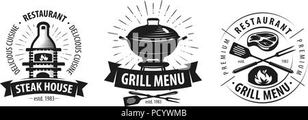 Barbecue, grill logo ou label. Installations pour Barbecue, emblème de kebab. Vector illustration Illustration de Vecteur