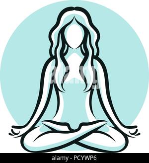 Yoga, salon de beauté, spa logo ou l'étiquette ou l'étiquette. Girl sitting in lotus pose. Vector illustration Illustration de Vecteur