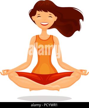 Jeune femme, girl practicing yoga in lotus pose. La méditation en beauté, concept. Cartoon vector illustration Illustration de Vecteur