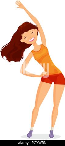 Fitness, sport caricature. Jeune fille ou jeune femme vêtue de vêtements athlétiques faisant des exercices. Vector illustration Illustration de Vecteur