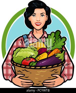 Fille ou agriculteur détenant un panier plein de légumes frais. Une saine alimentation, l'agriculture, concept de ferme. Cartoon vector illustration Illustration de Vecteur